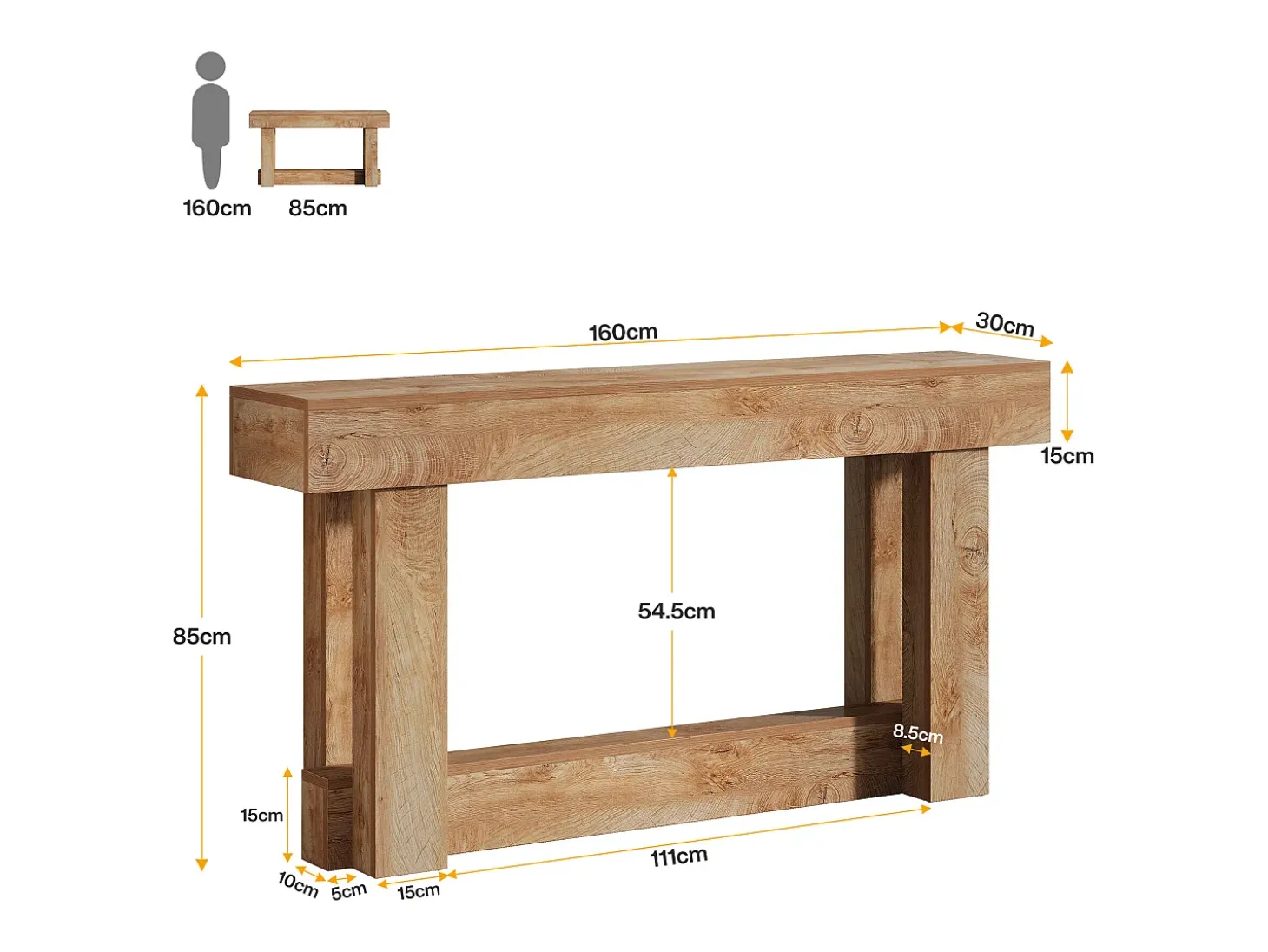 Mesa de consola de 160 cm, mesa de entrada de dos niveles, mesa auxiliar rectangular de madera detrás del sofá
