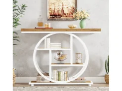 Mesa de consola de 105 cm, mesa de sofá industrial de 4 niveles, mesa de entrada con base circular