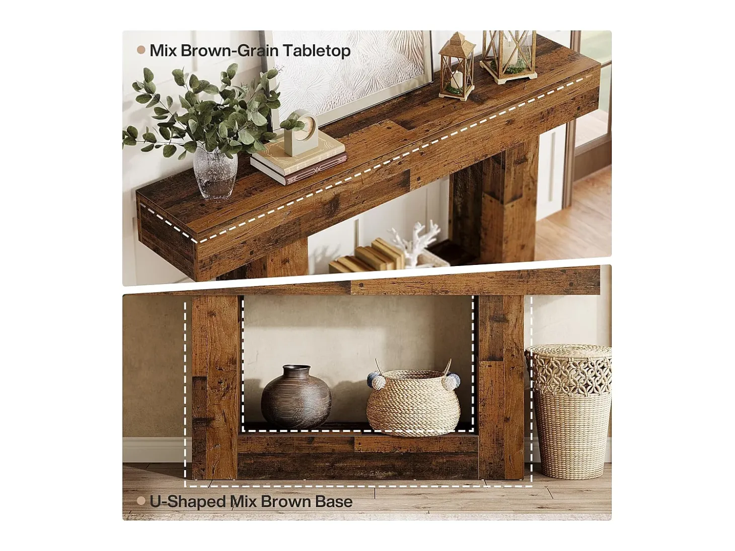 Mesa de consola de 160 cm, mesa de entrada rústica de 2 niveles con base en forma de U