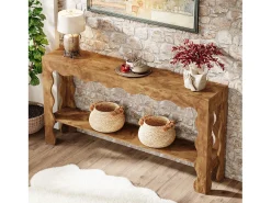 Mesa de consola de 160 cm, mesa de entrada estrecha de 2 niveles con patas adornadas