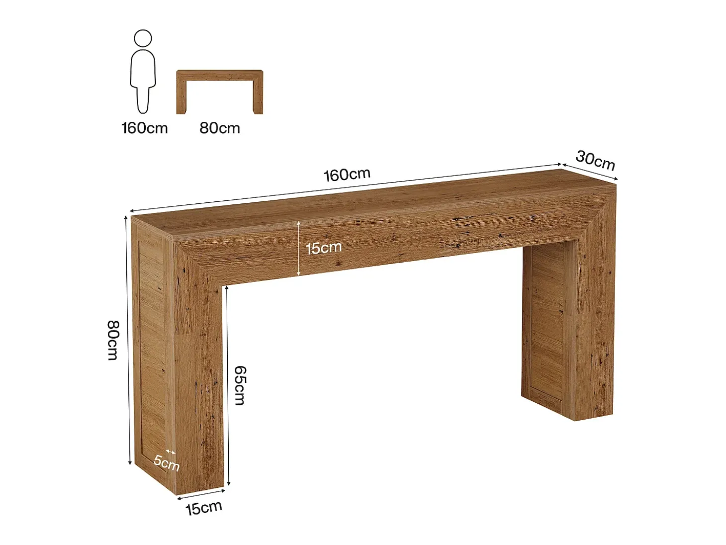Mesa de consola de 160 cm para el vestíbulo, mesa de consola de sofá de estilo rústico para detrás del sillón.