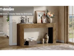 Mesa de consola de 150 cm para sala de estar, mesa de entrada de estilo rústico con patas de listones verticales