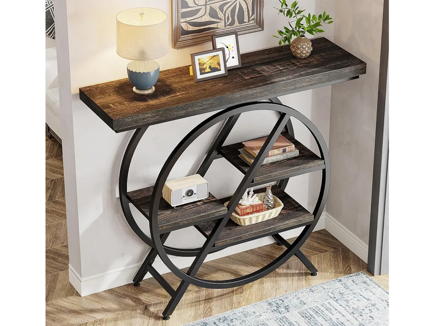 Mesa de consola de 4 niveles, mesa de entrada de 100 cm con estructura metálica geométrica