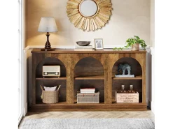 Mesa de consola de estilo rústico de 160 cm de largo con 3 niveles de almacenamiento, de color marrón