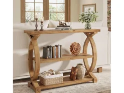 Mesa de consola de madera maciza para entrada y sala de estar, mesa de sofá de madera rústica con diseño de costado de cola de pez, 3 niveles
