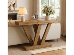 Mesa de consola de madera sólida, mesa de sofá de entrada de estilo rústico de 120 cm con base en doble forma de V