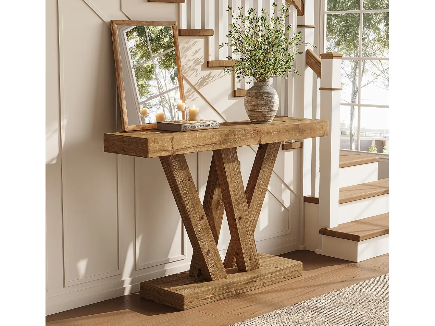 Mesa de consola de madera sólida, mesa de sofá de entrada de estilo rústico de 120 cm con base en doble forma de V
