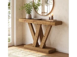 Mesa de consola de madera sólida, mesa de sofá de entrada de estilo rústico de 120 cm con base en doble forma de V
