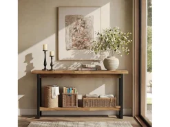 Mesa de consola de madera maciza con borde vivo para entrada, estilo rural, 160 cm, mesa estrecha y larga detrás del sofá