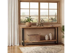 Mesa de consola de madera maciza con borde vivo para entrada, estilo rural, 160 cm, mesa estrecha y larga detrás del sofá