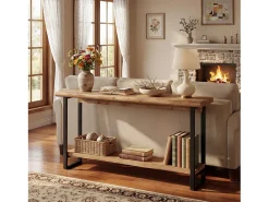 Mesa de consola de madera maciza con borde vivo para entrada, estilo rural, 160 cm, mesa estrecha y larga detrás del sofá