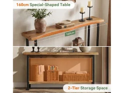 Mesa de consola de madera maciza con borde vivo para entrada, estilo rural, 160 cm, mesa estrecha y larga detrás del sofá