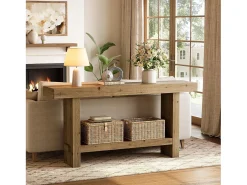 Mesa de consola de madera sólida de 160 cm, mesa estrecha de doble nivel para el porche de una casa rural, para el pasillo o la entrada.