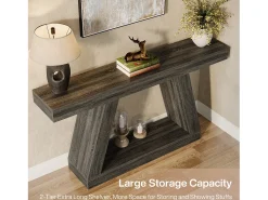 Mesa de consola, mesa de sofá rústica de 140 cm con almacenamiento, mesa de entrada para pasillo, salón, gris