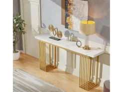 Mesa de consola moderna con tapa de chapa de mármol falso blanco y base de metal dorado, MDF