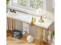 Mesa de consola moderna con tapa de chapa de mármol falso blanco y base de metal dorado, MDF