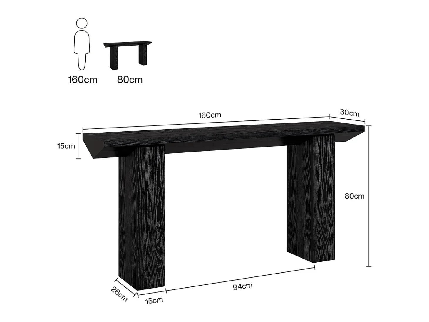 Mesa de consola para entrada, mesa de sofá larga y estrecha negra de 160 cm