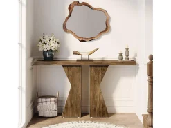 Mesa de entrada de estilo rústico, mesa consola detrás del sofá, mesa de pasillo estrecha, mesa de entrada con marco en forma de K para entrada, sala de estar, marrón rústico de 140 cm