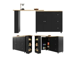 Mesa de pie giratoria 360° (135-203 cm) con ruedas, color negro, con 3 cajones y porta snacks.