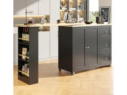 Mesa de pie giratoria 360° (135-203 cm) con ruedas, color negro, con 3 cajones y porta snacks.