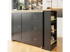 Mesa de pie giratoria 360° (135-203 cm) con ruedas, color negro, con 3 cajones y porta snacks.