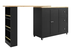 Mesa de pie giratoria 360° (135-203 cm) con ruedas, color negro, con 3 cajones y porta snacks.
