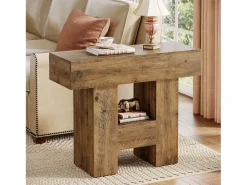 Mesa lateral estrecha, mesa lateral de sofá rústico con estante de almacenamiento de 2 niveles