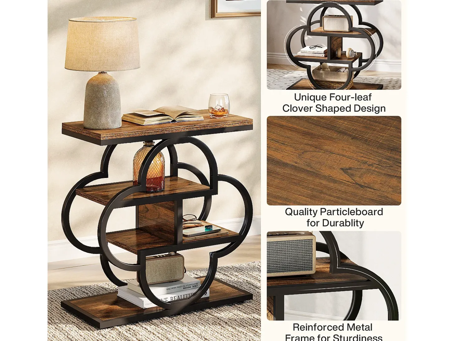 Mesa lateral estrecha, mesa auxiliar de madera pequeña de 4 niveles con marco de metal curvo
