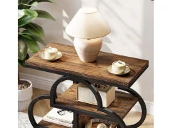 Mesa lateral estrecha, mesa auxiliar de madera pequeña de 4 niveles con marco de metal curvo