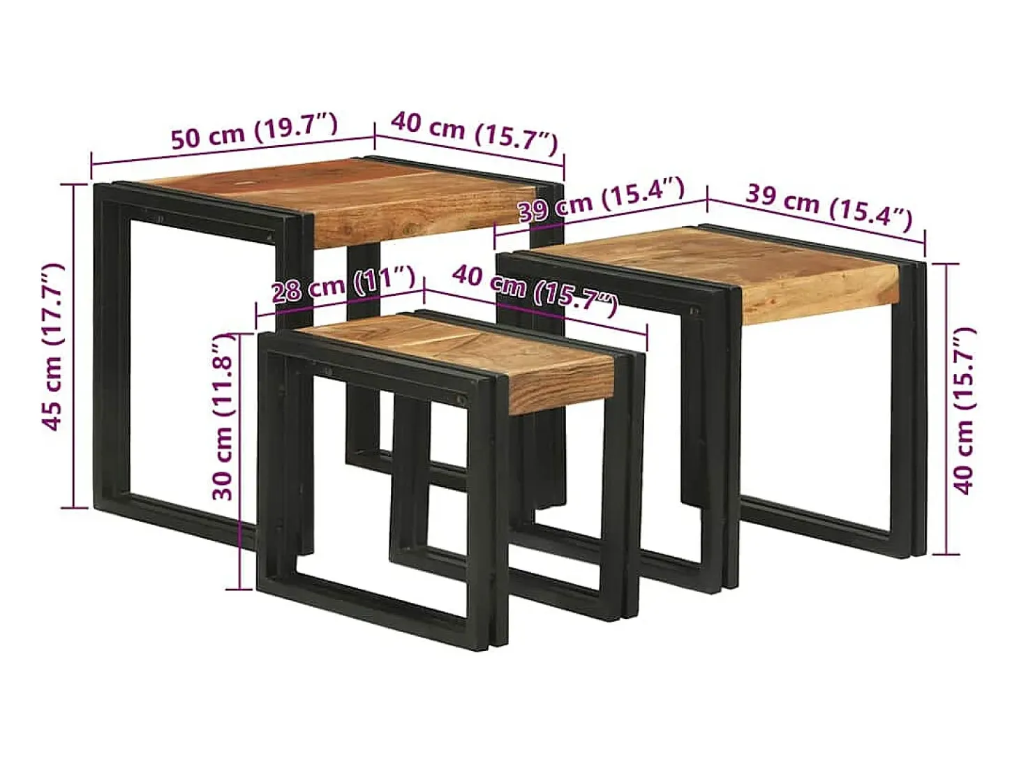Mesa Nido 3 piezas Madera de acacia maciza y un metal