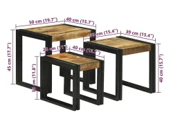 Mesa Nido 3 piezas Marrón y negro Madera maciza de mango rugosa