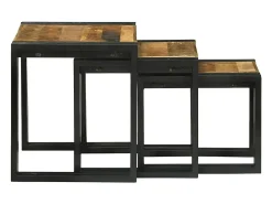 Mesa Nido 3 piezas Marrón y negro Madera maciza de mango rugosa
