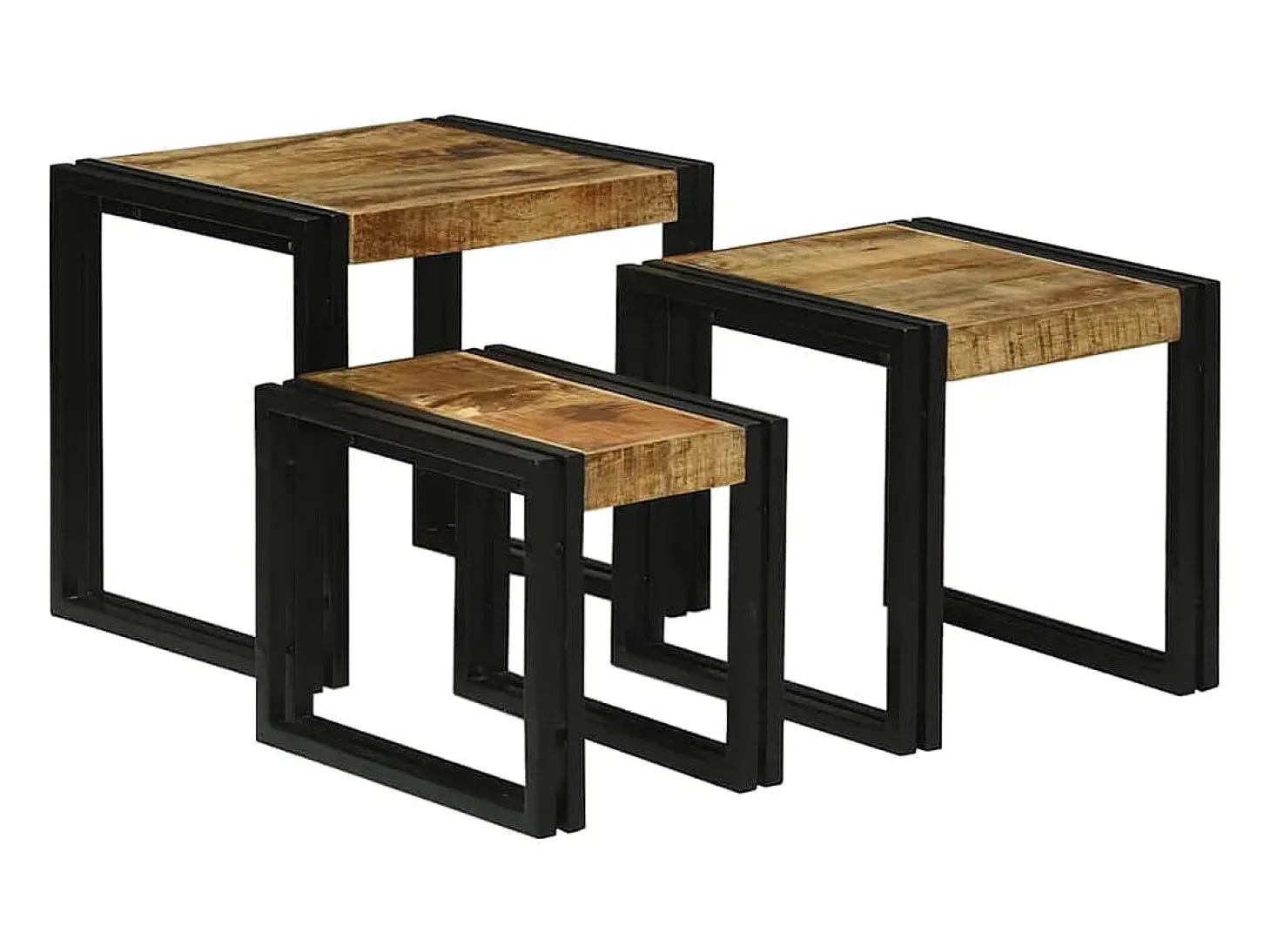 Mesa Nido 3 piezas Marrón y negro Madera maciza de mango rugosa