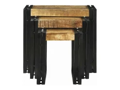 Mesa Nido 3 piezas Marrón y negro Madera maciza de mango rugosa