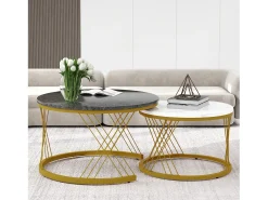 Mesas de centro apilables de madera - Chapa efecto mármol blanco y metal dorado - MDF - para salón - Gris y blanco