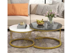 Mesas de centro apilables de madera - Chapa efecto mármol blanco y metal dorado - MDF - para salón - Gris y blanco