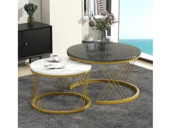Mesas de centro apilables de madera - Chapa efecto mármol blanco y metal dorado - MDF - para salón - Gris y blanco