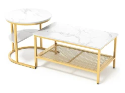 Mesas de centro nido, juego de 2 - Modernas - Estructura de metal dorado y chapa de mármol - Rectangulares - Mesa auxiliar redonda - Para sofá y dormitorio