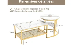 Mesas de centro nido, juego de 2 - Modernas - Estructura de metal dorado y chapa de mármol - Rectangulares - Mesa auxiliar redonda - Para sofá y dormitorio