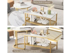 Mesas de centro nido, juego de 2 - Modernas - Estructura de metal dorado y chapa de mármol - Rectangulares - Mesa auxiliar redonda - Para sofá y dormitorio