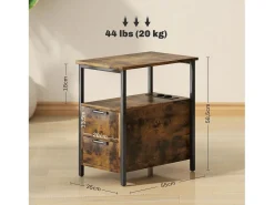 Mesita auxiliar estrecha con 2 cajones, puertos USB y enchufes, para salón o dormitorio, color marrón