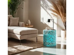 Mesita auxiliar moderna cilíndrica de madera para el salón con incrustaciones Hadi - Azul