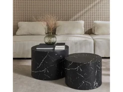 Mesita centro redonda efecto mármol, set de 2 negro