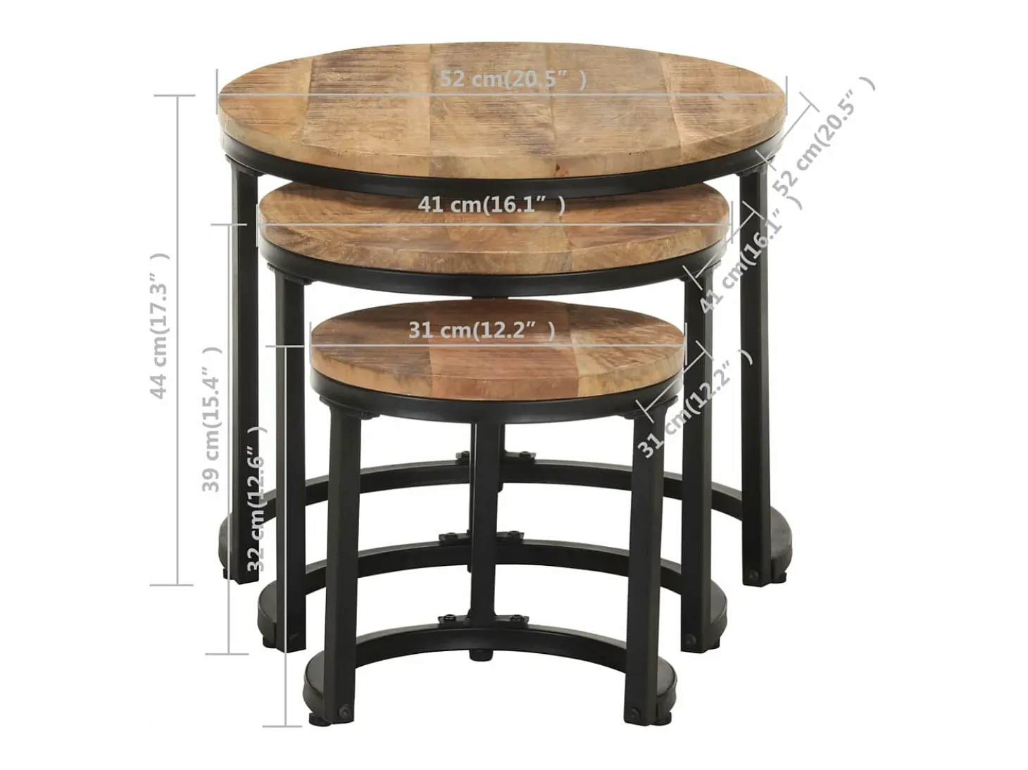 Mesitas auxiliares 3 Piezas madera de mango rugosa