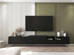 Meuble TV con 3 puertas y hueco abierto - Cuerpo Negro mate, frentes acanalados Negro mate - 150 cm