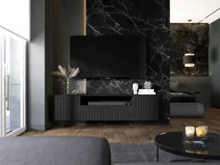 Meuble TV con 3 puertas y hueco abierto - Cuerpo Negro mate, frentes acanalados Negro mate - 150 cm