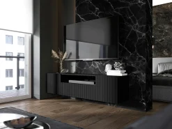 Meuble TV con 3 puertas y hueco abierto - Cuerpo Negro mate, frentes acanalados Negro mate - 150 cm