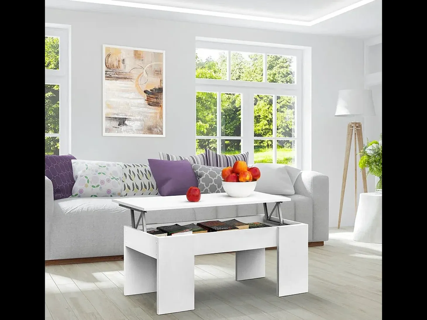 Meyvaser - Mesa de Centro Elevable, Mesita de Sal贸n o Comedor, Acabado en Color Blanco, Medidas: 90 cm (Ancho) x 50 cm (Fondo) x 46-57 cm (Alto)