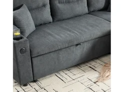 Moderno sofá convertible de 3 plazas en lino con almacenaje, portavasos y puerto USB - Gris