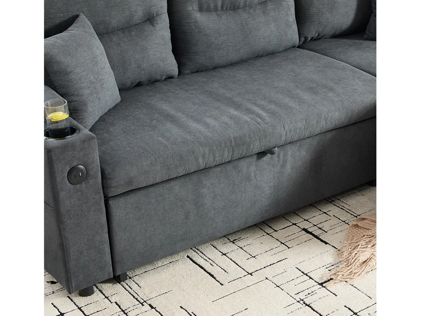 Moderno sofá convertible de 3 plazas en lino con almacenaje, portavasos y puerto USB - Gris